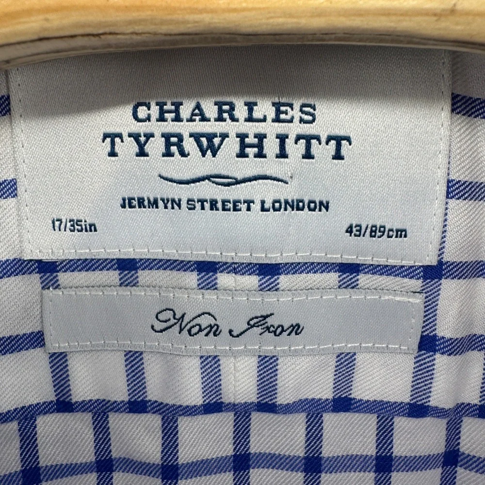 Charles Tyrwhitt Dress Shirt  Mens XL 17/35 Non Iron Blue White Tattersall Check